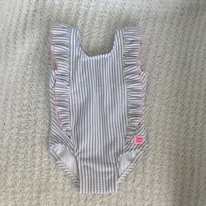 Ruffle Butts Blue and White Striped One-Piece with Pink Trim